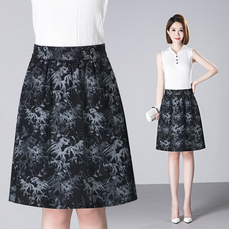Spring and Summer Linen Printed Pleated Skirt, Plus-Size Elastic Waist, Slimming A-Line Puffy Skirt, Versatile Umbrella Skirt, Midi Skirt Spring and Summer Linen Printed Pleated Skirt, Plus-Size Elastic Waist, Slimming A-Line Puffy Skirt, Versatile Umbrella Skirt, Midi Skirt