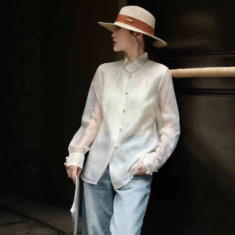 Hangzhou 2026 Fashionable and Elegant Rayon Shirt with Ruffled Edges, Stand Collar, Long-Sleeve Top, Versatile and Stylish Silk Blouse for Women