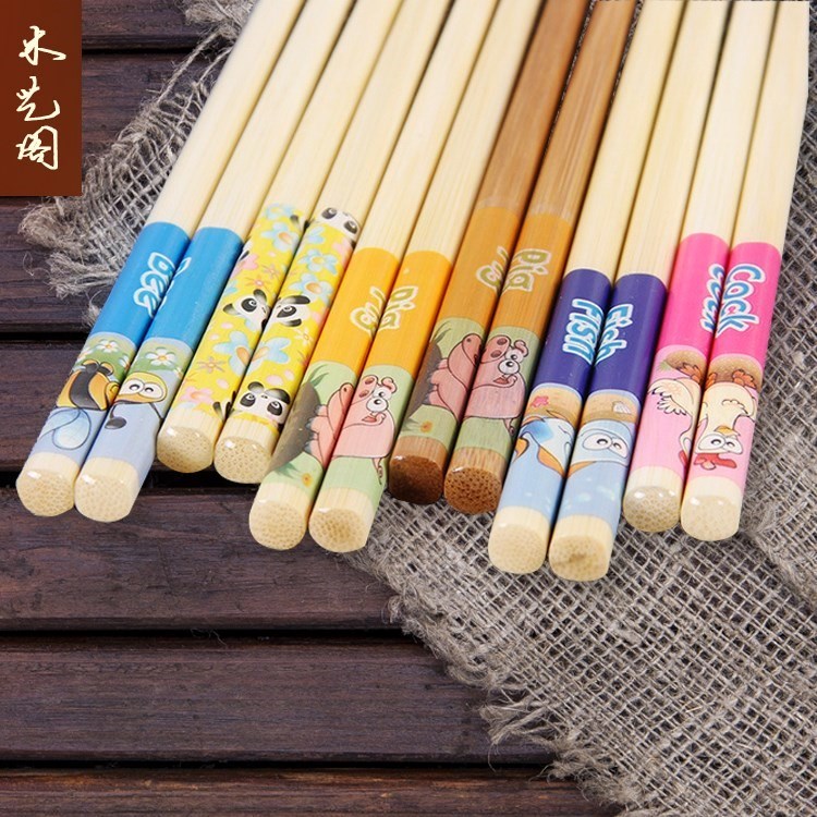 Children's bamboo wood chopsticks Home children Private Kindergarten special short style Practice Chopsticks Cute Cartoon Non-slip Chopsticks