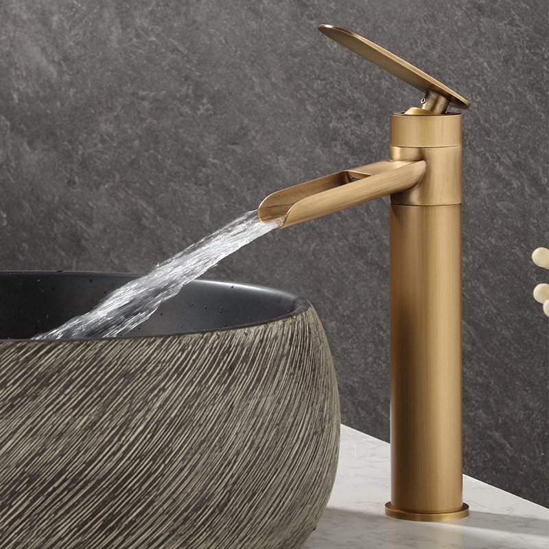 Medieval-Style Antique Waterfall Faucet for Hot and Cold Water, Bathroom Countertop Basin, Vintage Washbasin, Single Cold Water, Brass Color