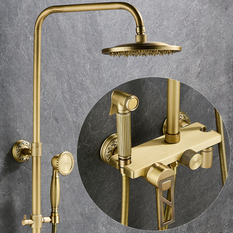 Medieval-Style Antique Shower Head Set for Bathroom, Home Use, Retro Pressurized Shower Faucet, Brass