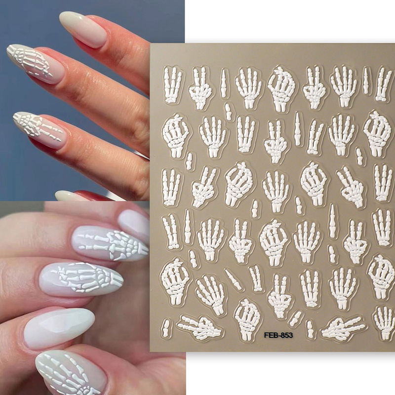5D Skeleton Ghost Hand Embossed Nail Art Sticker Hot Girl Halloween White Bone Claw Hand Claw Bone Nail Decoration Sticker