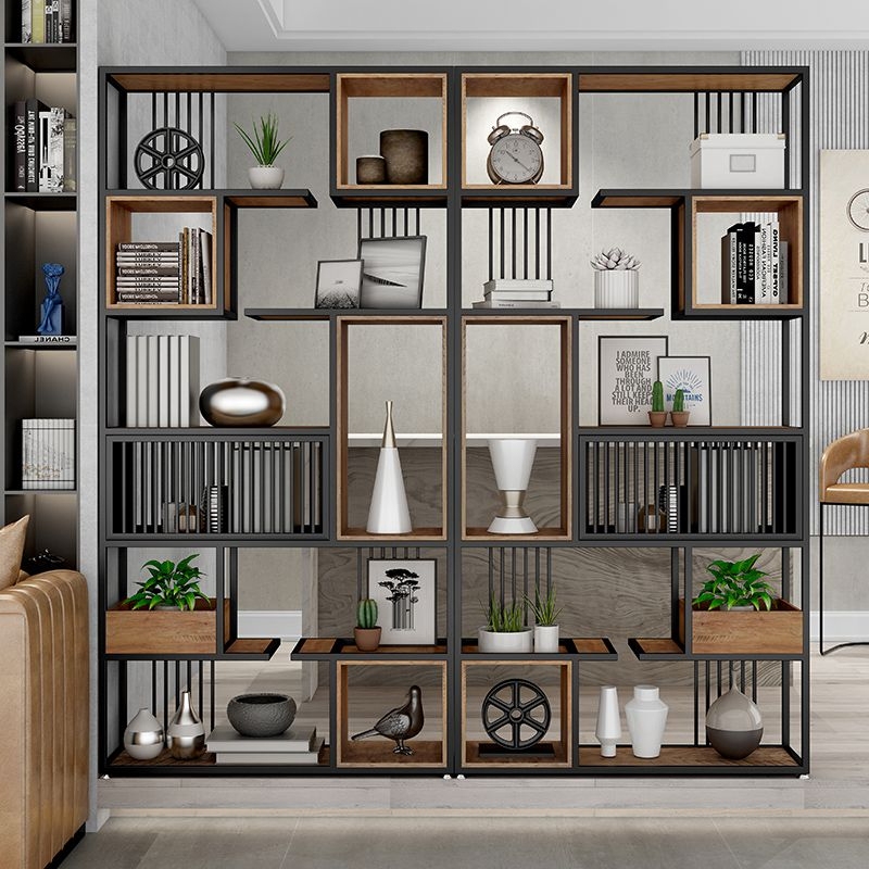 Iron Art Partition Shelf for Living Room, Floor-Standing Display Shelf, Solid Wood Wall-Mounted Storage Bookshelf, Office Bookshelf Iron Art Partition Shelf for Living Room, Floor-Standing Display Shelf, Solid Wood Wall-Mounted Storage Bookshelf, Office Bookshelf