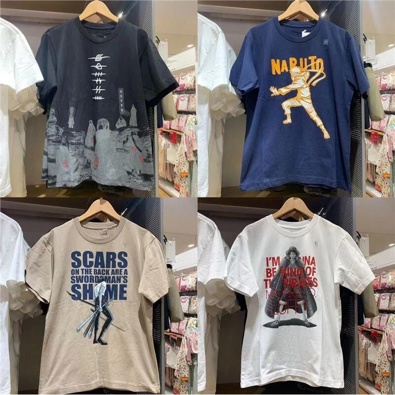 In-Stock 2023 New Men's and Women's One Piece Collaboration Round Neck Short-Sleeve T-Shirt Naruto Luffy Bleach Summer