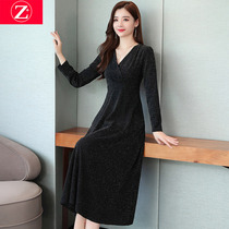 Long sleeve dress women's autumn 2021 new spring and autumn ladies waist slim temperament knee-high base skirt