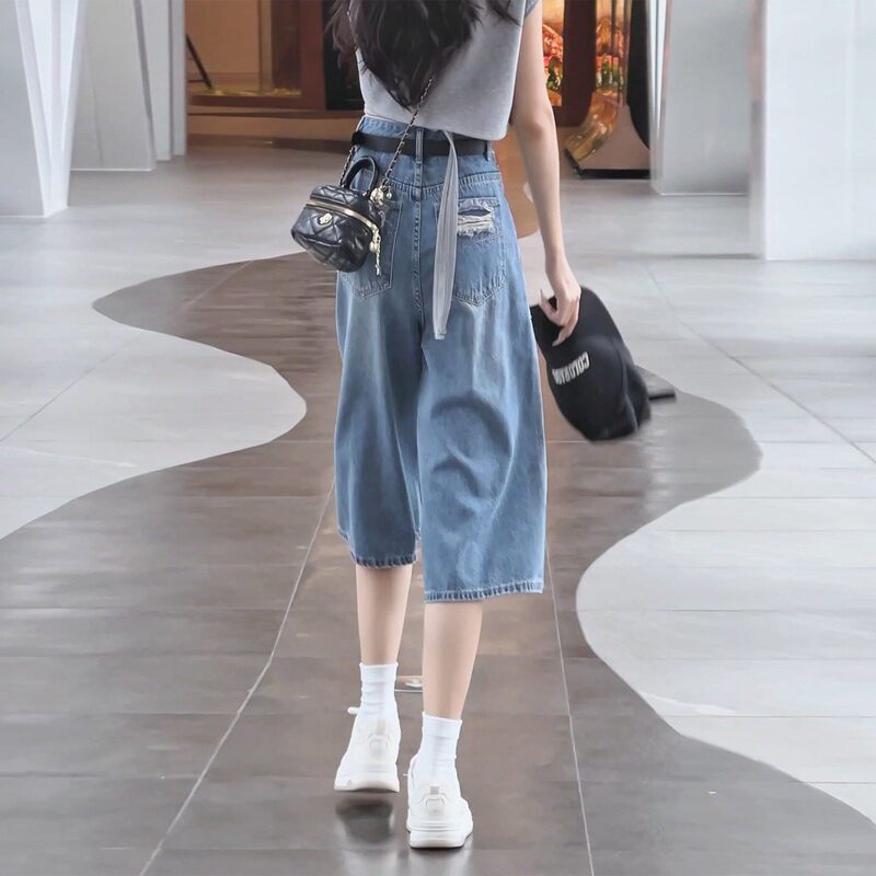Plus-Size Ripped Wide-Leg Jeans for Women, Summer New High-Waisted Hip-Covering Slimming Straight-Leg Cropped Pants for Petite Figures