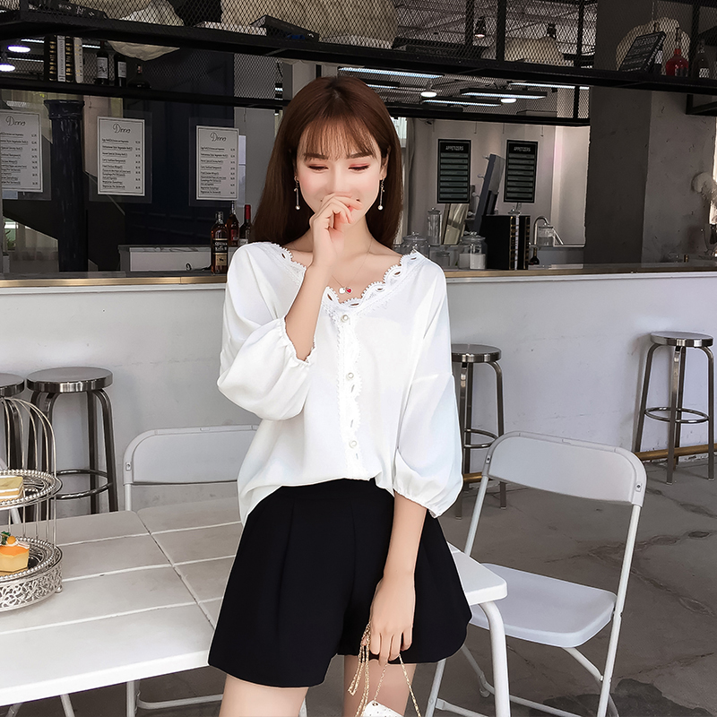 Đèn lồng tay áo voan áo sơ mi nữ mùa hè mới chất béo mm cộng với phân bón XL lỏng ren màu rắn ngắn tay áo 200 kg áo sơ mi áo sơ mi nữ