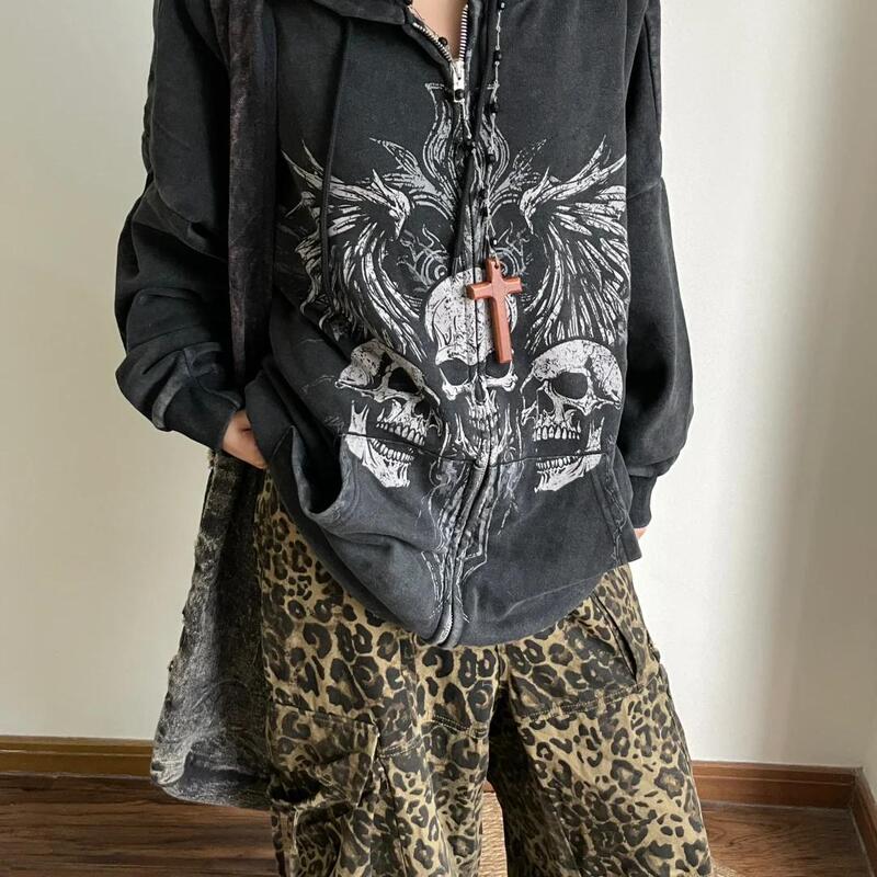 Subculture Punk Rock Goth Y2K Millennial Hot Girl Skull Print Hooded Sweatshirt Women's Niche Jacket Trendy