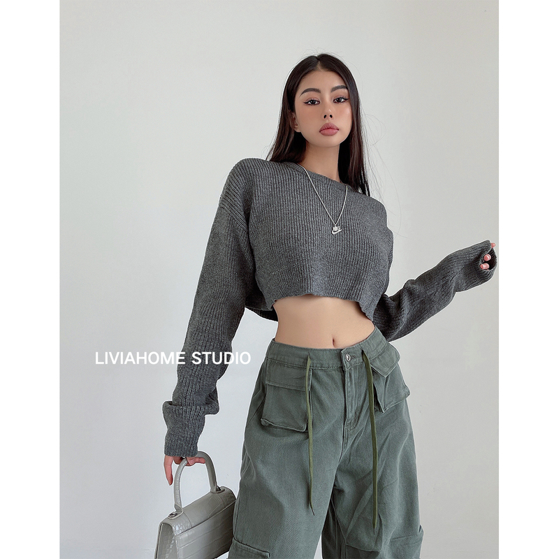Liviahome European and American Style ins Loose Short Sweater Autumn and Winter New Round Neck Long Sleeve Base Knit Top