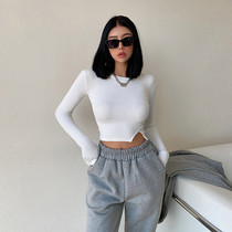 liviahome careful machine front and rear fork long sleeve bottom T-shirt female and European and American wind sexy open-navel blouses