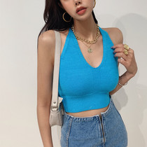 LIVIA European and American ins sexy V-collar neck lace-up vest womens short velvet slim slender knitted top