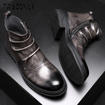 Chelsea boots mens handmade genuine leather boots zipped thick bottom retro Inrun for leather boots Short boots Martin boots man