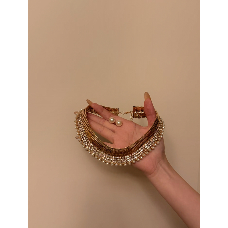 【High Sense of Sophistication】Vintage Exaggerated Zircon Pearl Choker Necklace Light Luxury Niche High-End Clavicle Chain Neck Chain