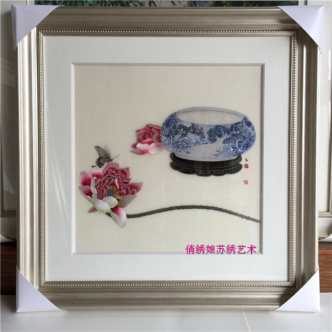 Handmade Su embroidery finished product Ping An rich boutique living room decoration Peony wishful vase Featured gift hanging painting