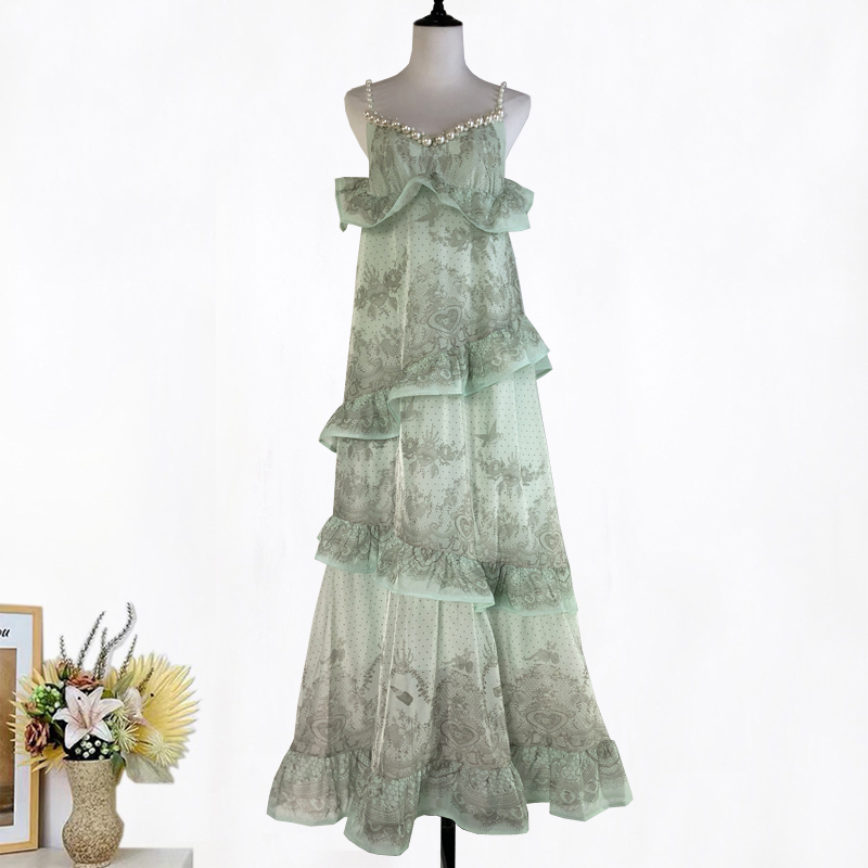 Vfvf Real Shot European and American Holiday Style Heavy Beading Printed Suspender Dress Long Skirt Elegant Lady Dress