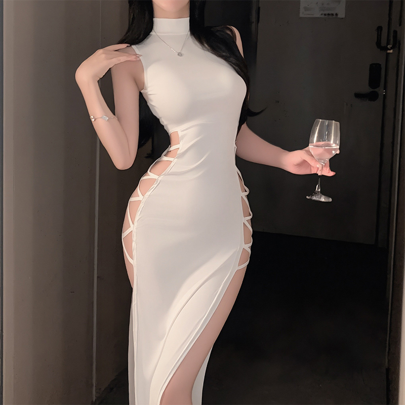 Nightclub Socialite Elegant White Sexy Half-High Collar Bust-Revealing Design Strap Long Dress High Slit Hot Girl Dress for Women