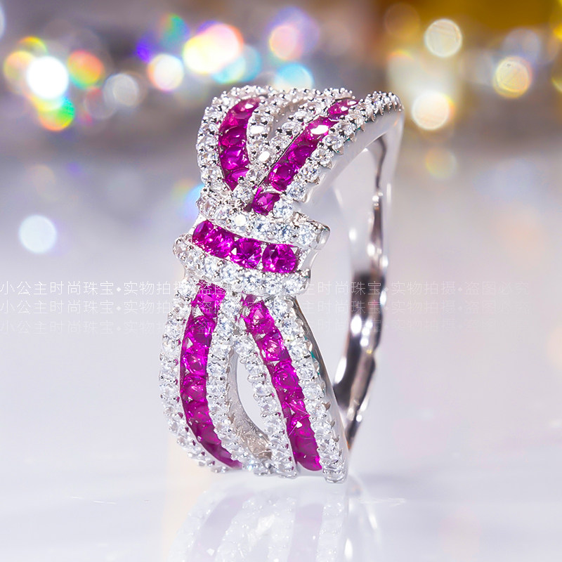 18k platinum solid wire with butterfly knot ruby diamond ring female superflash full drill personality lukewarm wind ring female
