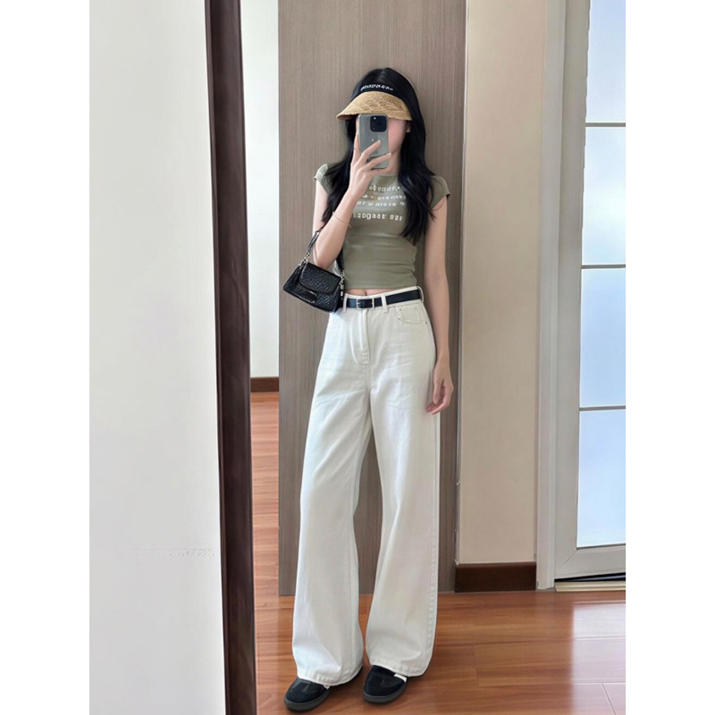 Daziqi White High-Waisted Straight-Leg Jeans for Petite Women, 2026 Spring/Summer New Versatile Slimming Drapey Wide-Leg Pants