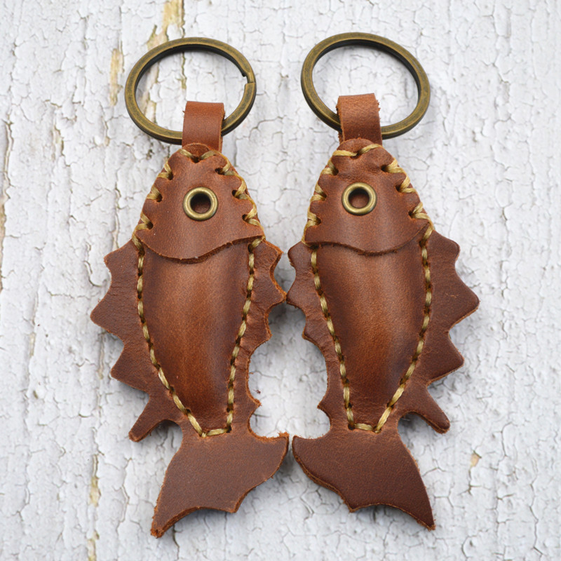 Original Handmade Cowhide Carp Keychain, Genuine Leather Car Key Pendant, Vintage Leather Item, Traditional Festival Small Gift