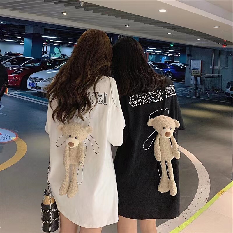 ins Super Popular Summer Short-Sleeved Top T-Shirt for Women 2023 New Style with Bear on the Back Loose Korean Style Student Pure Cotton Half-Sleeve