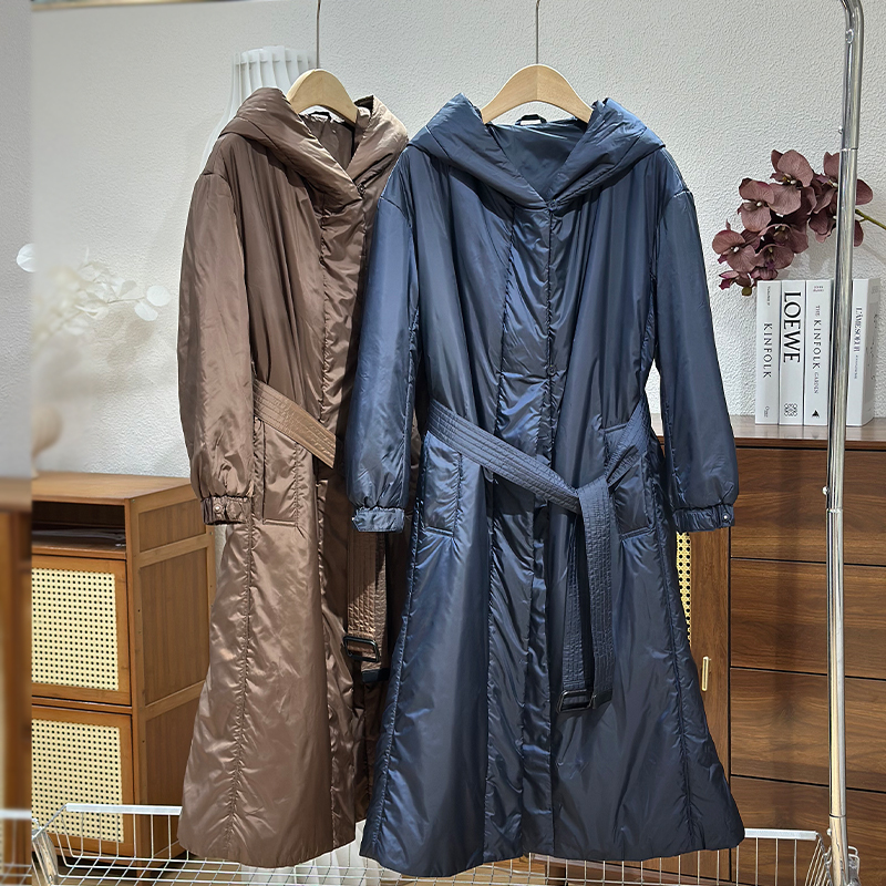 Italian High-End Camel down Jacket for Women, Mid-Length, Waist-Cinching, Tie-Up, Slimming, Lightweight, Layering down Jacket, Trench Coat