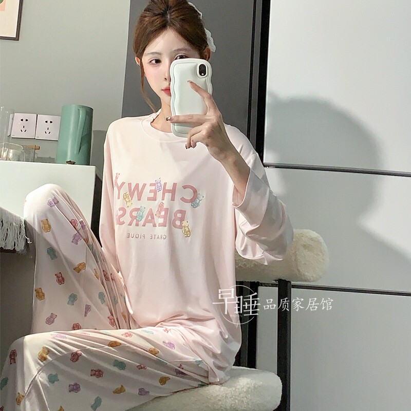 Japanese-Style Thin Modal Pajamas for Women, Spring and Summer, Cute Ice Cream Bear, Long-Sleeved, Long Pants, Pullover Loungewear, Suitable for Wearing Outside