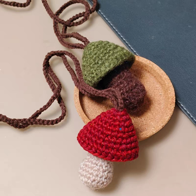 New Autumn and Winter Small Mushroom Necklace, Fashion Accessory with a Forest-Style Mushroom Pendant, Purely Handmade Knitted Yarn Sweater Chain