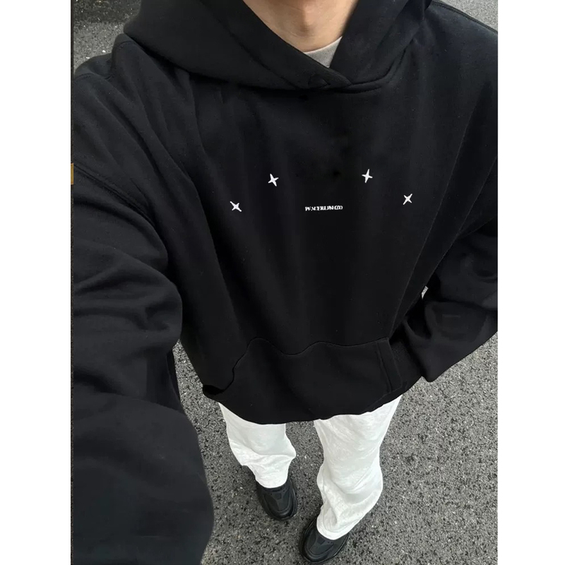 American High Street Heavyweight Black Hooded Sweatshirt for Men, Star Pattern, Autumn and Winter Fleece-Lined, Loose Design, Couple's Jacket
