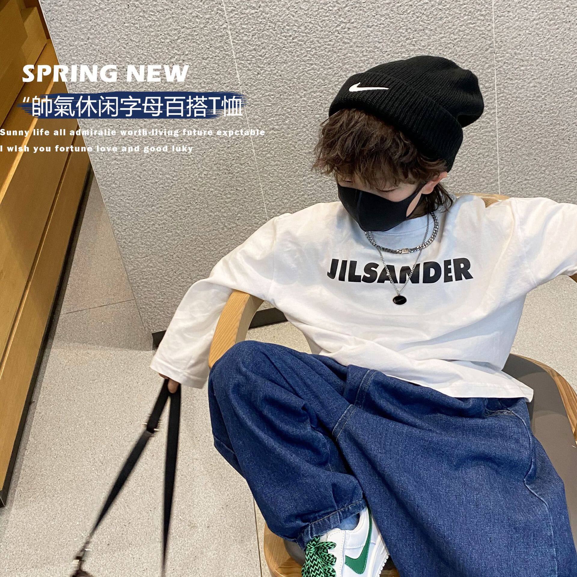 Boys' bottoming shirts Spring new children's casual loose tops Baby solid color Western style round neck long-sleeved T-shirt tide