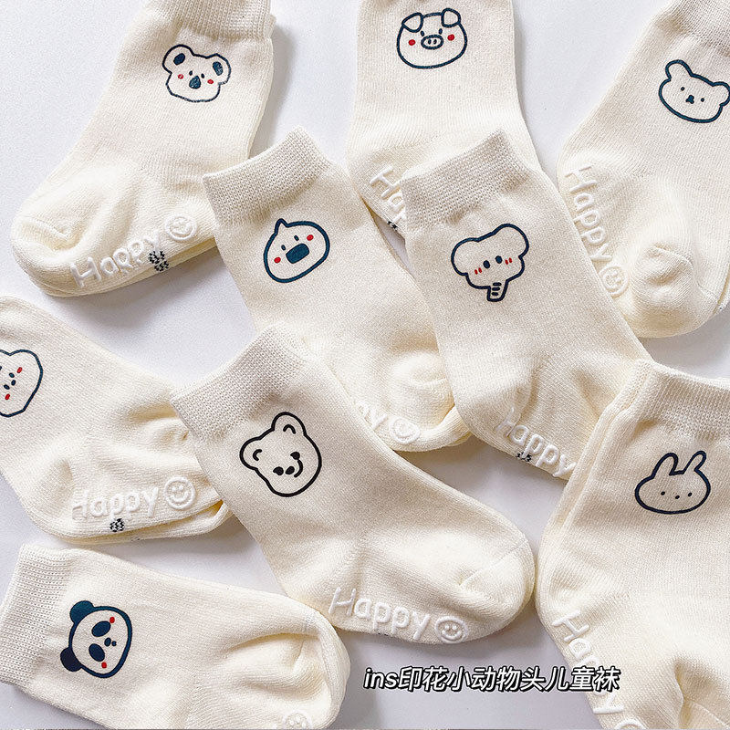 Start with cute Nicole family autumn and winter boys and girls baby cartoon animal head white children's socks dispensing non-slip cotton socks