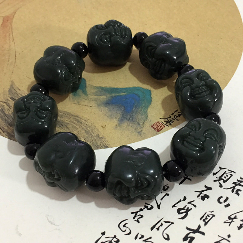 Xinjiang and Tian Yufoo head handmade Qingyuu public handstrings of natural jade double-sided Buddha head beads male and female