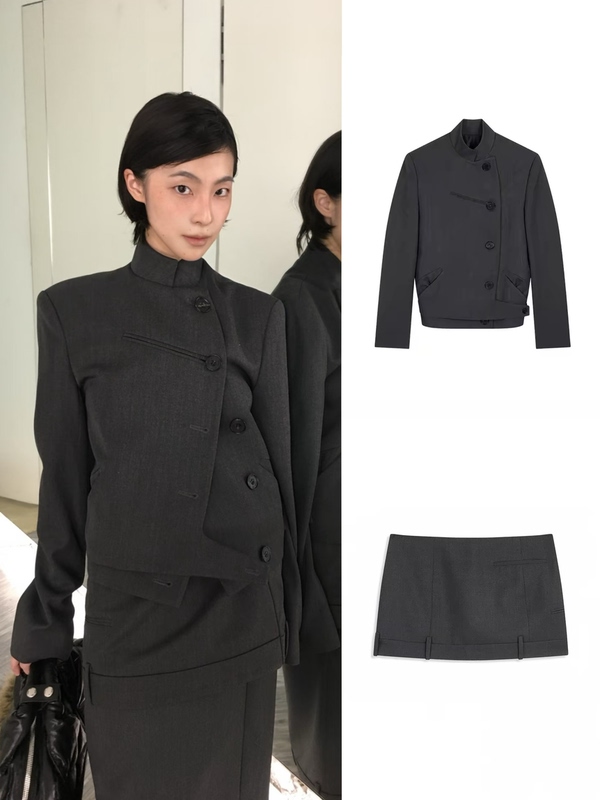 *Top Version* Korean Niche Rei Style Yy26 New Retro Wool Diagonal Button Blazer/Mini Skirt