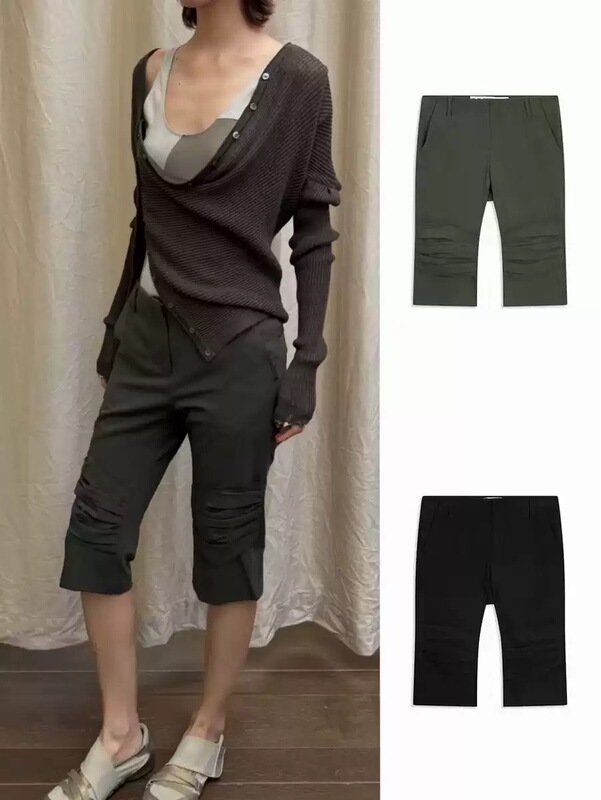 *Top Version* Korean Niche Yy26 New Design Drawstring Pleated Capri Shorts Mid-Length Pants