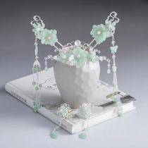 Original ancient style Hanfu hair accessories set classical green hairpin Crown clip back pressure tassel Tang wind headdress