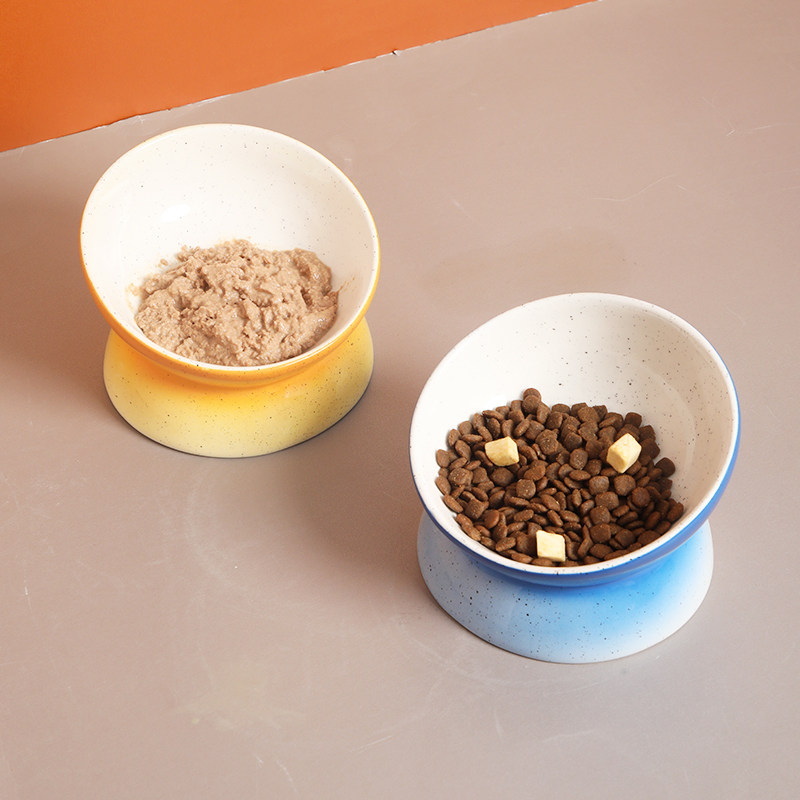 Cat Bowl Ceramic Cat Food Basin Double Bowl Protection Cervical Slant Grain Bowl Anti-Tipping Pet Rice Basin Drinking Water Dog Bowl Supplies