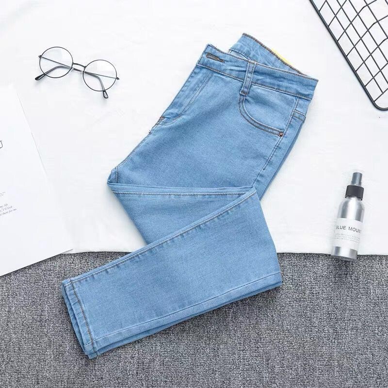 Korean Style High-Waisted Thin Stretchy Light Blue Denim Pants for Women, Tight-Fitting, Slimming, Hip-Hugging, Slim Pencil Pants