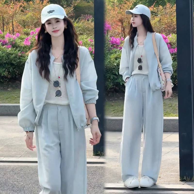 Fashionable Casual Sports Suit for Women 2026 Summer New Lightweight Sun-Protective Cardigan Top Wide-Leg Pants Two-Piece Set Trendy