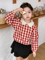 Girls red plaid long-sleeved doll shirt suit 24 baby girl Korean style lapel shirt black irregular cake skirt