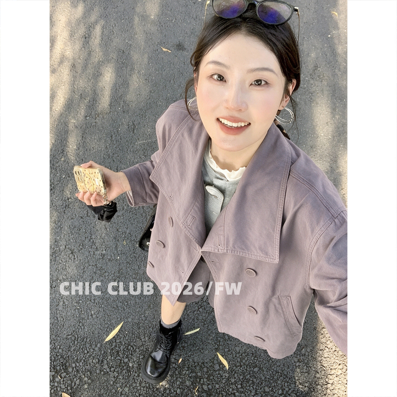 Chic Club 2026/Fw Casual Retro Relaxed Large Lapel Drop Shoulder Sleeve Elegant Short Trench Coat for Women Chic Club 2026/Fw Casual Retro Relaxed Large Lapel Drop Shoulder Sleeve Elegant Short Trench Coat for Women