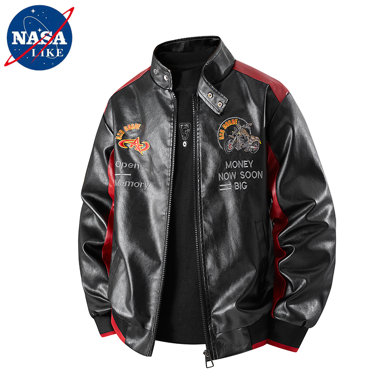 Nasalike Motorcycle Stand-Up Collar Leather Jacket for Men, Embroidered, Cool Biker Racing Jacket, Plus Size, Oversized Leather Jacket for Big and Tall Men