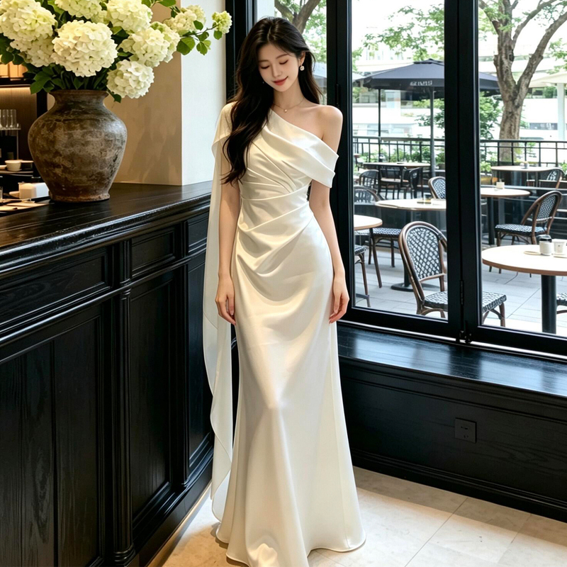 French-Style Engagement Dress for Women, Simple Birthday Party Dress, Elegant Graduation Fishtail Dress, White Satin, High-End Feel, Slimming French-Style Engagement Dress for Women, Simple Birthday Party Dress, Elegant Graduation Fishtail Dress, White Satin, High-End Feel, Slimming