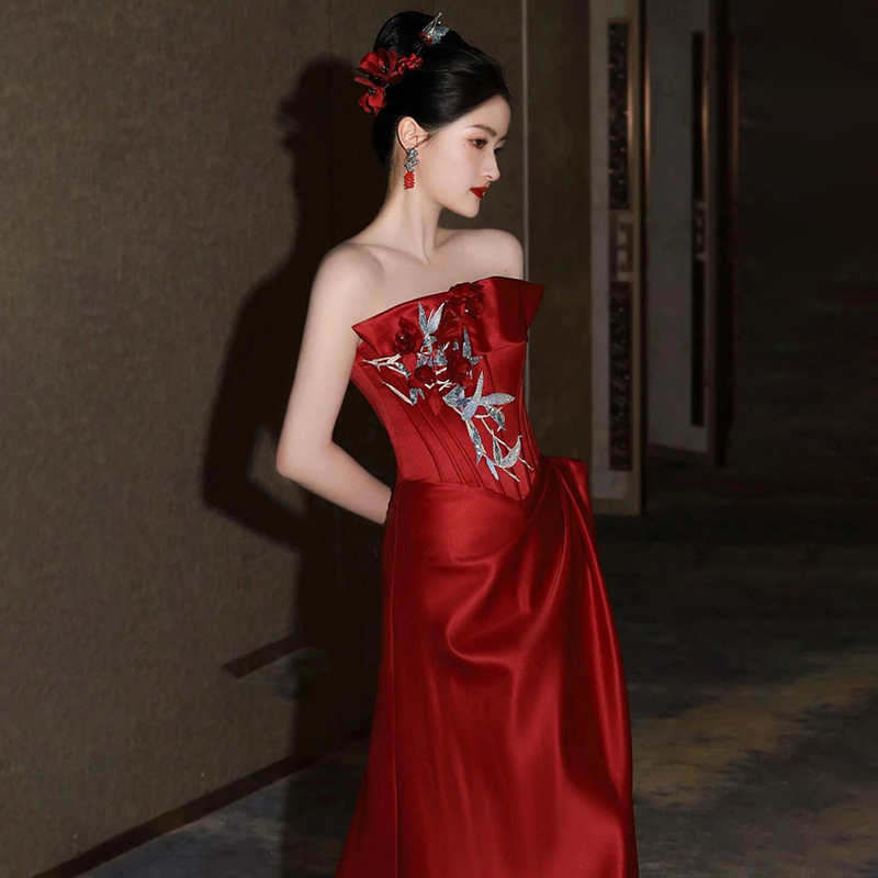 New Chinese-Style Red Tube Top Wedding Dress for the Bride, High-End Morning Gown, Engagement Retro Reception Banquet Homecoming Dress