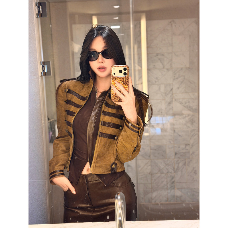 1Sdoudou Doudoujiang [Vintage Napoleon] Palace-Style Double-Breasted Matte Suede Leather Jacket with Regular Shoulders