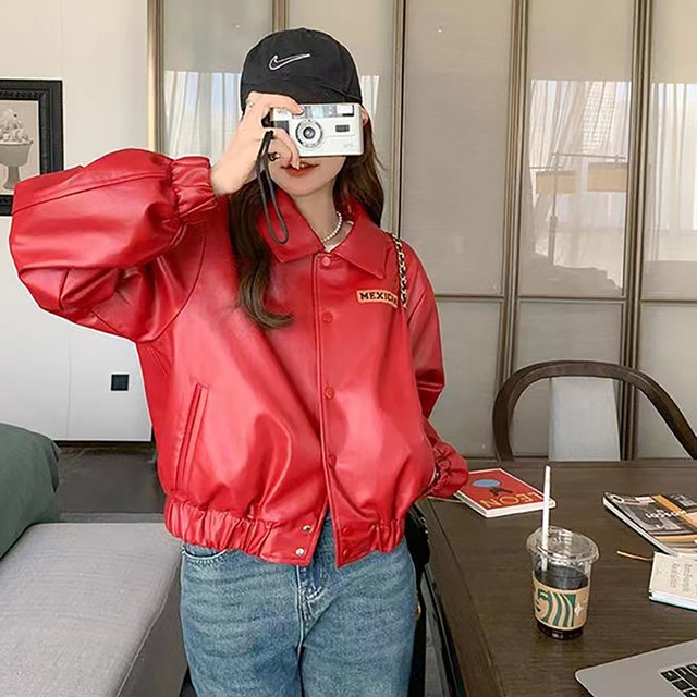 Red French sheepskin jacket spring and autumn high-end design Hong Kong style retro chic motorcycle bomber jacket