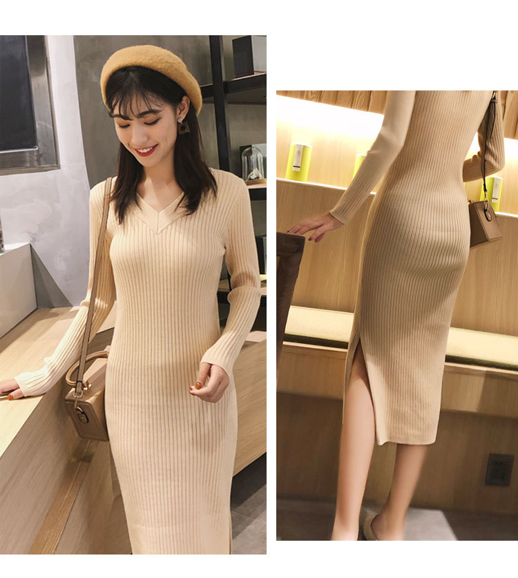 2018 thu đông mới Hàn Quốc áo len dài qua váy dài đến đầu gối Đầm dài cổ chữ V Đầm dệt kim dài tay đầm dài đẹp