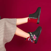 Jinger Yuxiu plus velvet ethnic embroidered cloth boots embroidered shoes boots womens short tube flat heel non-slip Chinese cotton boots