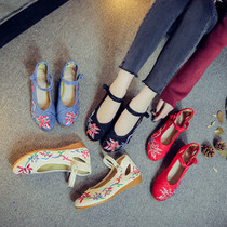 Step embroidered edge (red makeup) beef tendon thick bottom elegant slope heel heel one-word buckle womens singles embroidered old Beijing cloth shoes