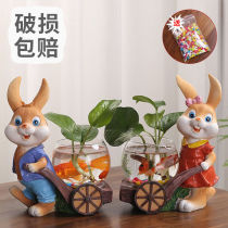 Green rose hydroponic vase hydroponic vessel resin glass transparent creative cartoon rabbit flowerpot office desktop ornaments