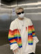 Regenbogen-Kontrast-gestreifte, hohle Strickjacke mit Kapuze für Herren, trendige Dopamin-Pulloverjacke für japanische Paare im Frühling und Herbst