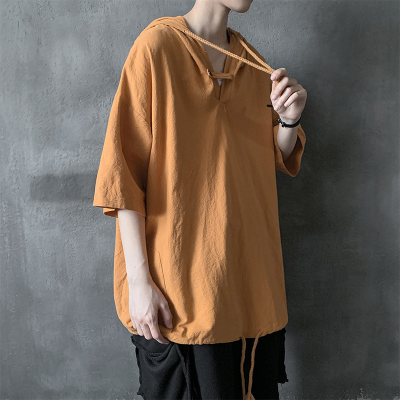 ngắn tay Nhật t-shirt của nam giới mùa hè hong kong gió lỏng ins quần áo thương hiệu thủy triều đẹp trai tối đen đường cao quần áo trùm đầu bảo vệ.